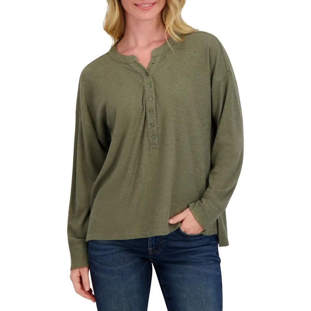 Lucky Brand Henley Long Sleeve Top Small Green Oversized Relaxed Fit NWT
